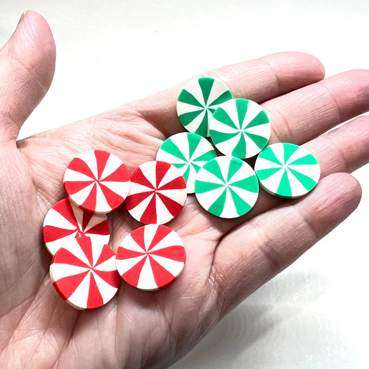 19mm Fake Christmas Peppermint Candy, Pinwheels Red or Green and White Striped, Polymer Clay Slices, Faux Sprinkles | QTY: 20 pieces