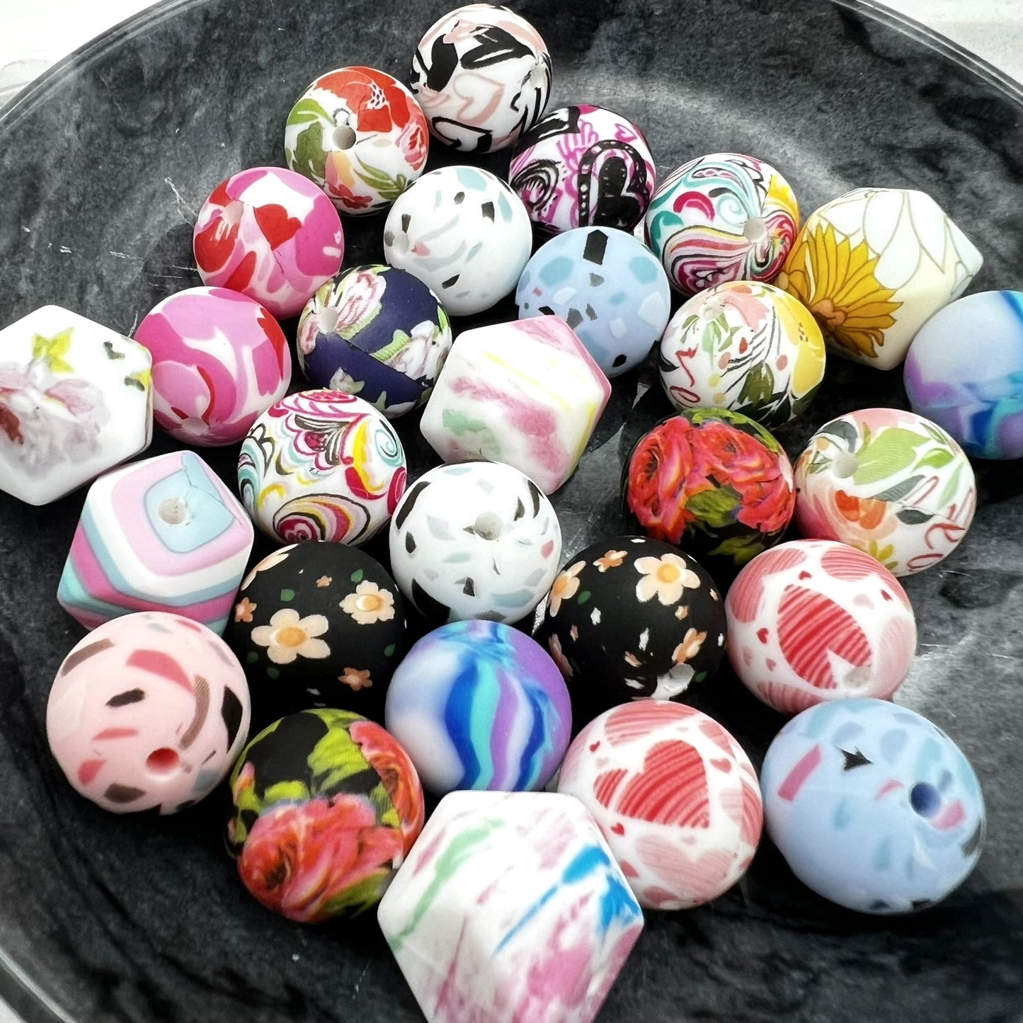 Round and Hexagonal Silicone Bead Mix for Lanyards and Pens | Assorted Prints | Silicone | QTY: 15 beads