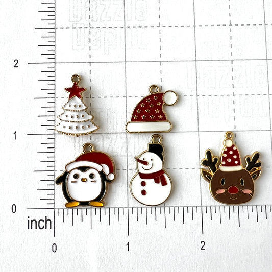 5 Pair of Enamel Metal Alloy Christmas Charms - Enamel Metal Pendants - Holiday Charms for Jewelry Makers & Crafters