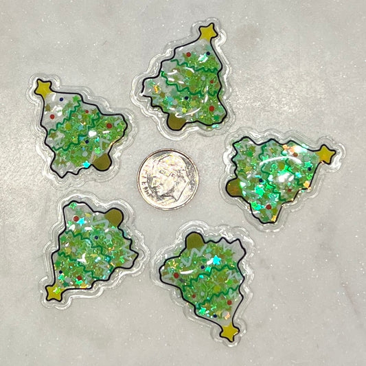 Christmas Tree Shaker, Glitter Filled Puffy Vinyl, Holiday Shaker for Crafts, Cabochons | QTY: 10 pieces