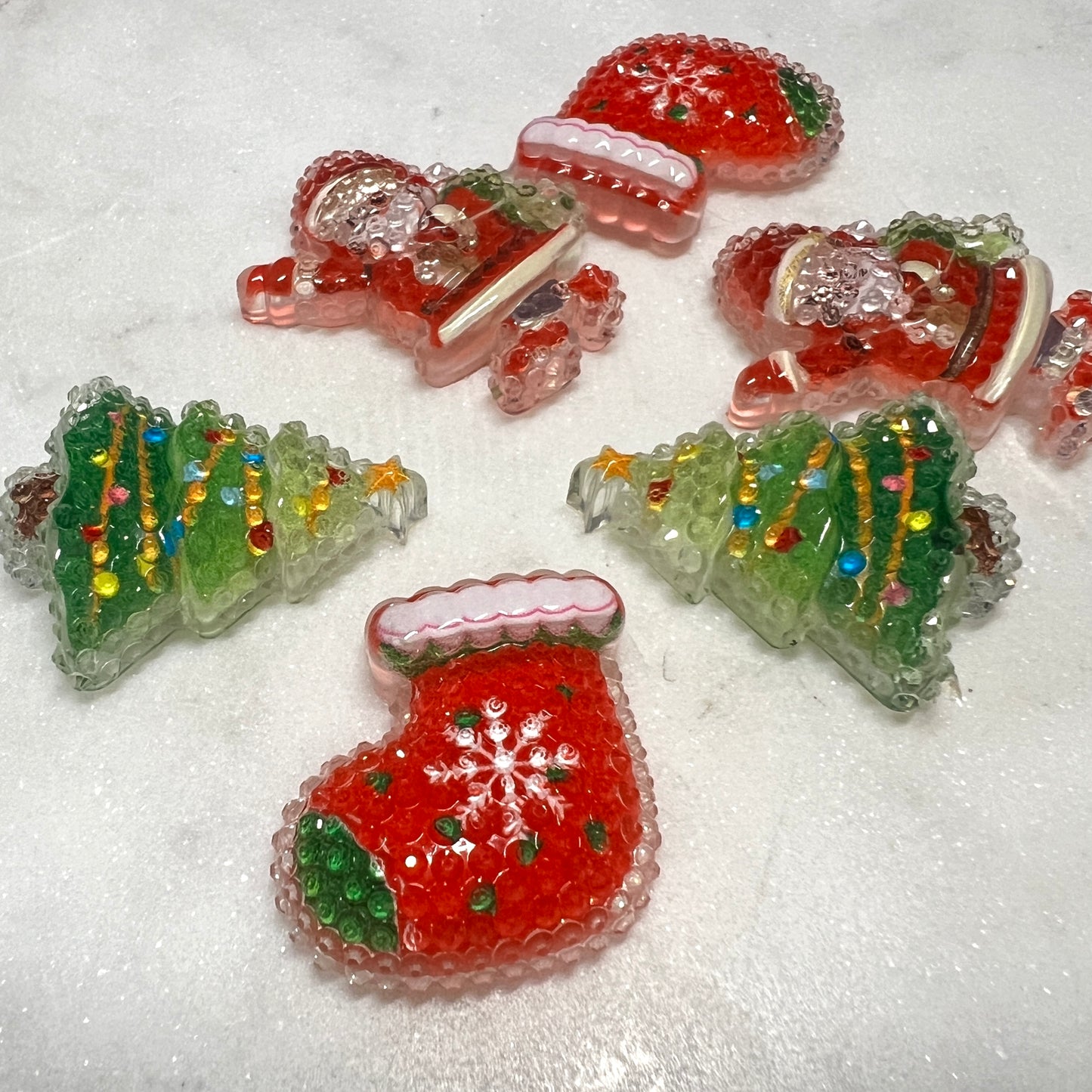 Sparkling Christmas Charms, Druzy Faceted Surface, Holiday Flat Back Charms for Crafts, Acrylic Cabochons | QTY: 12 pieces