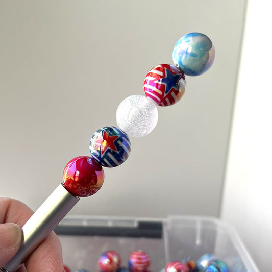 16mm Patriotic Stars and Stripes Iridescent Round Bead Mix | Red White Blue Acrylic | QTY: 10/20 beads