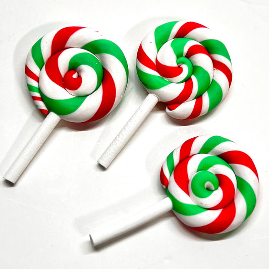 Peppermint Polymer Clay Lollipops | Red, Green, White Clay Christmas Candy | Fake Lollipops, Faux Candy for Holiday Crafts | | QTY: 4 pcs