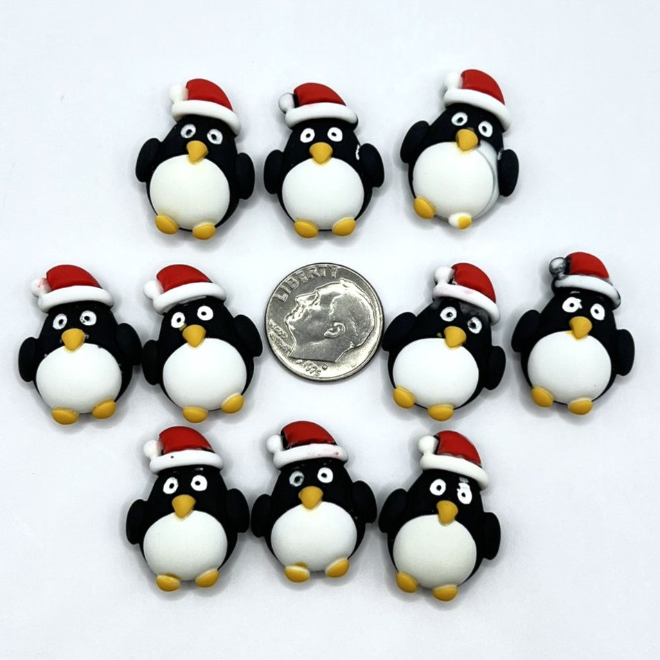 Christmas Penguins with Santa Hats, Cabochons for Crafts, Resin Charms, Flatback | QTY: 10 penguins - The Dazzle Depot