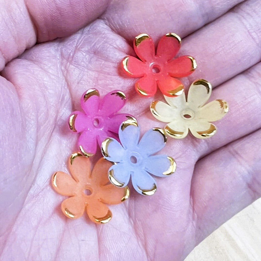 40pcs Flower Beads - 6 Petal Frosted Floral Vibrant Multi-Color Gold Tip | Beads For Jewelry & Crafts | 20mm Acrylic | QTY: 40 beads