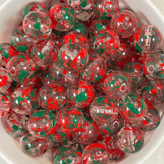 16mm Red and Green Splatter Beads for CHRISTMAS | Clear Beads with Red & Green Paint | Acrylic | QTY: 10 beads - The Dazzle Depot