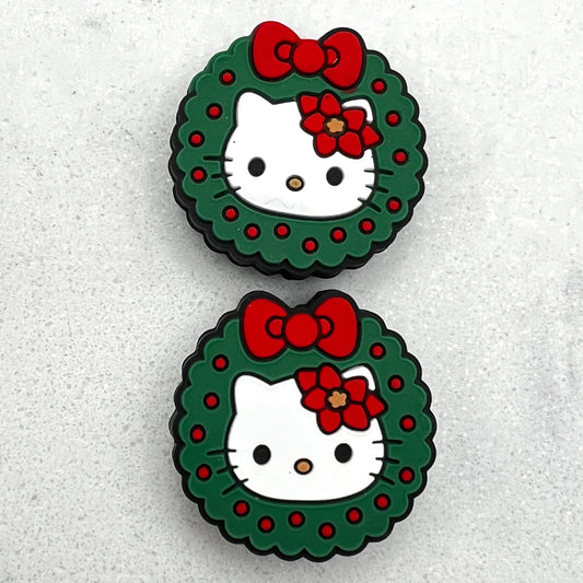 2pcs HK Holiday Kitty Wreath Focal Bead For Pens | Christmas Focal Bead | Silicone | QTY: 2 beads