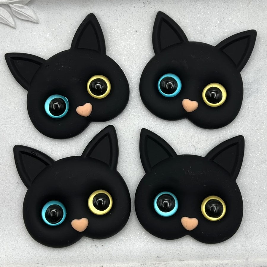 2pcs Large Black Cat Charms with 2-Color Domed Eyes, Flatback Charms for Halloween | Decoden Resin Cabochons | QTY: 2 large charms