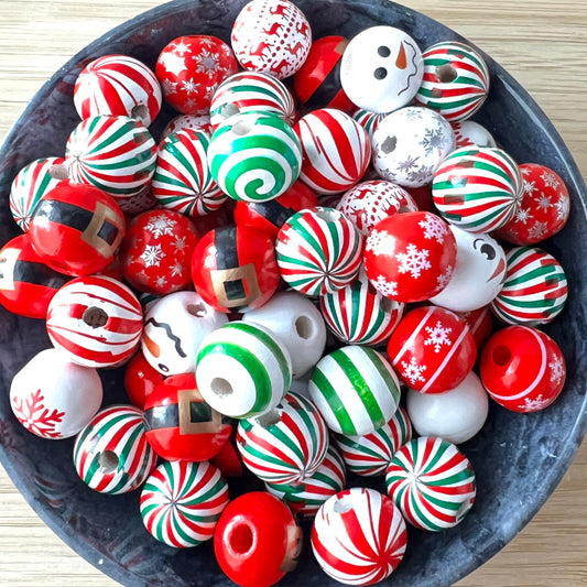 Christmas Wood Bead Holiday Mix  | Painted Wooden Farmhouse Beads | WOOD | QTY: 15 beads