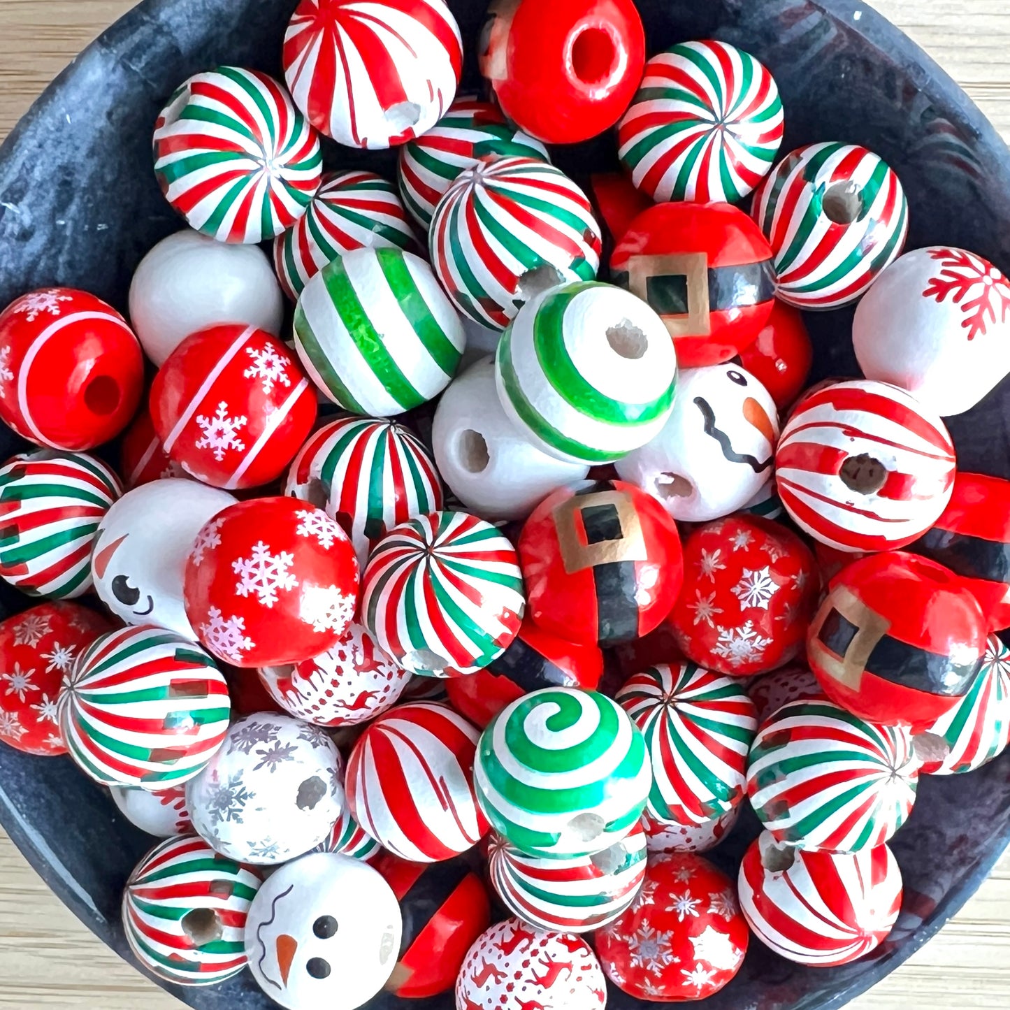 Christmas Wood Bead Holiday Mix  | Painted Wooden Farmhouse Beads | WOOD | QTY: 15 beads