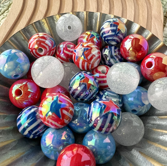 16mm Patriotic Stars and Stripes Iridescent Round Bead Mix | Red White Blue Acrylic | QTY: 10/20 beads