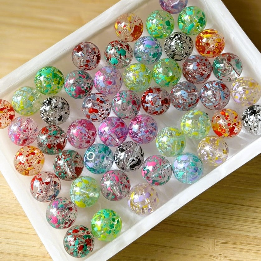 16mm Multi Color Splatter Beads for Pens and Jewelry | Clear Beads with Colorful Paint Splatters | Acrylic | QTY: 10 beads