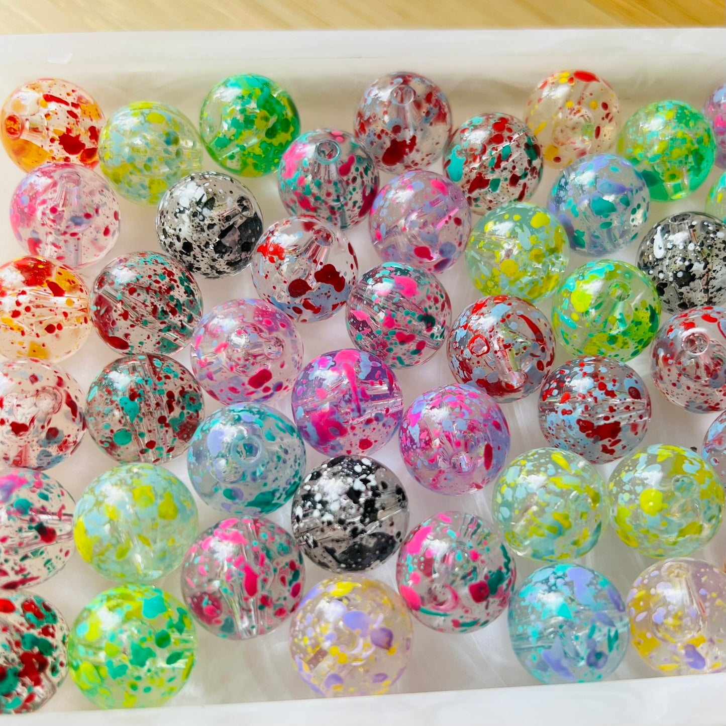 16mm Multi Color Splatter Beads for Pens and Jewelry | Clear Beads with Colorful Paint Splatters | Acrylic | QTY: 10 beads