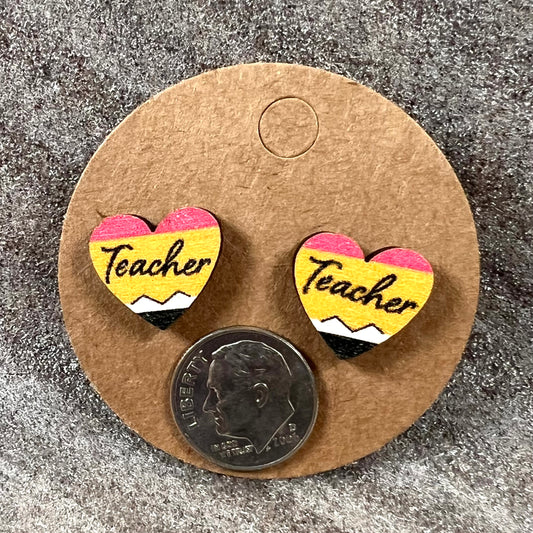 Wood earrings for teacher shaped like heart and pencil 