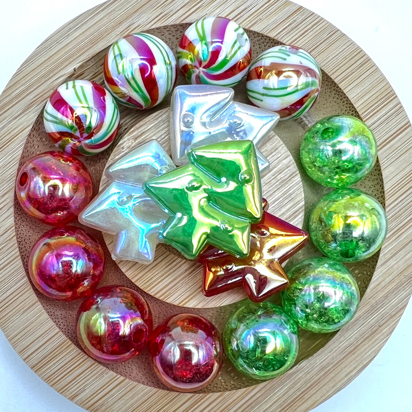 Festive Christmas Tree Bead Mix | Iridescent Beads & Crackle Beads | Acrylic Beads | QTY: 16 pcs