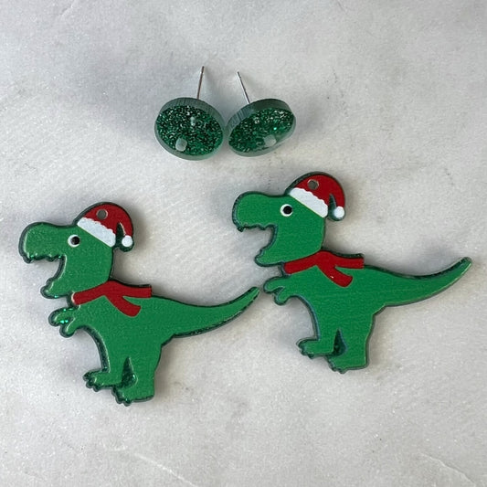 Dinosaur Santa Hat Christmas Earring Blanks, DIY Jewelry Supplies, READ DESCRIPTION | Acrylic | QTY: 1 pair of earring blanks - The Dazzle Depot