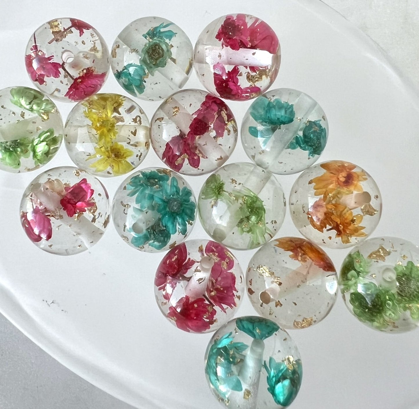 20mm Dried Flower and Gold Flake Colorful Beads | Beads For Pens and Keychains | Acrylic | QTY: 10 beads