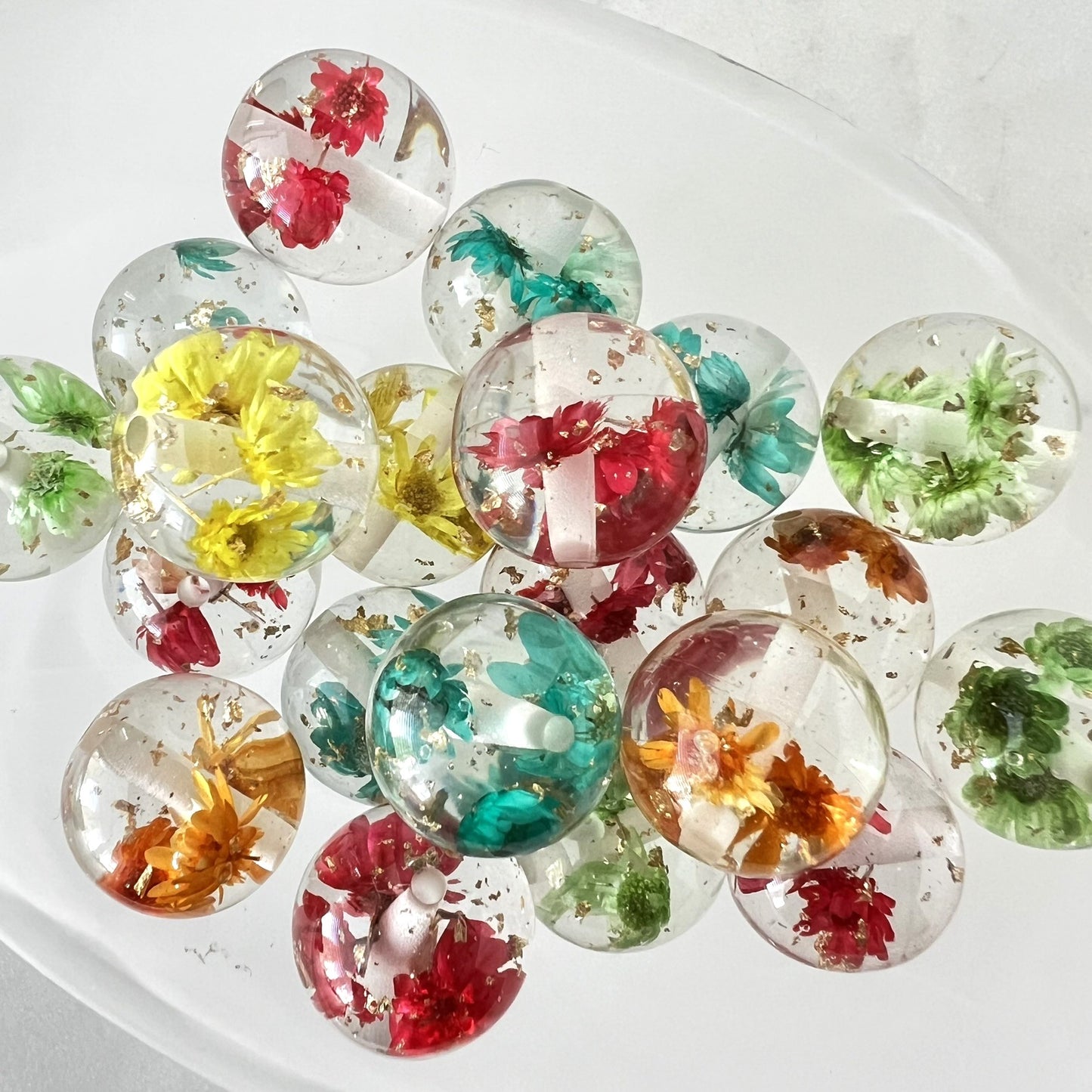 20mm Dried Flower and Gold Flake Colorful Beads | Beads For Pens and Keychains | Acrylic | QTY: 10 beads