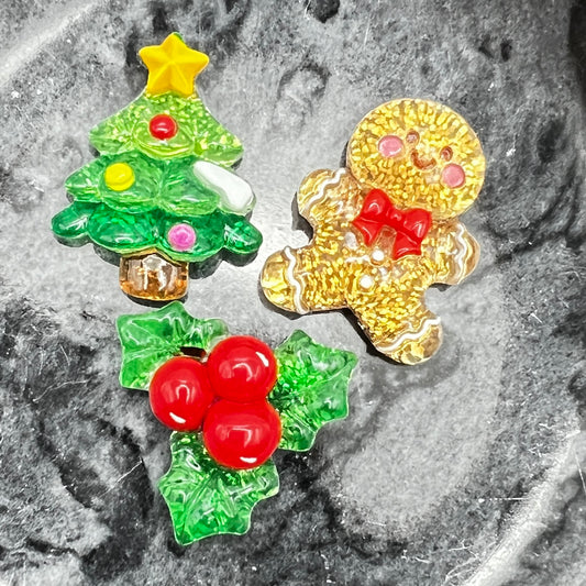 Christmas Holiday Glitter Charms | Gingerbread Man, Holly, Christmas Tree Flatback Charms, Decoden Charms | Kawaii Resin Flat Back Cabochons | QTY: 6pcs/12pcs