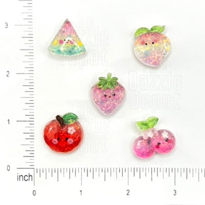 Mixed Fruit Glitter Flat Back Charms | Smiley Face Fruit Charms for DIY Craft Charm Projects and Decoden | Kawaii Resin Flat Back Cabochons | QTY: 10/20 pieces