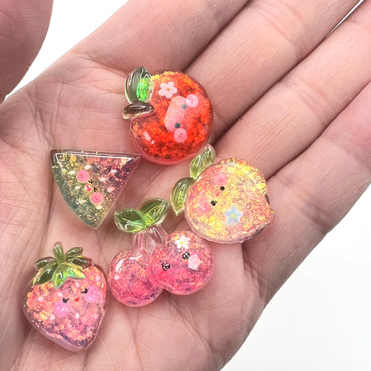 Mixed Fruit Glitter Flat Back Charms | Smiley Face Fruit Charms for DIY Craft Charm Projects and Decoden | Kawaii Resin Flat Back Cabochons | QTY: 10/20 pieces