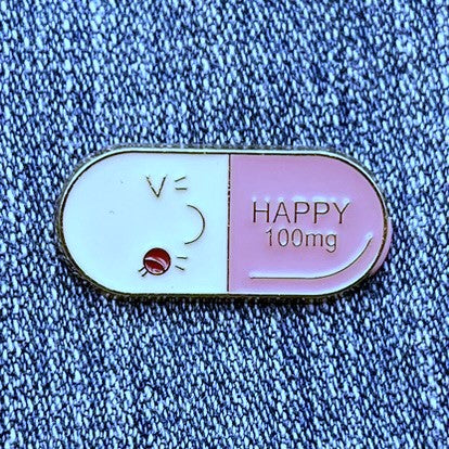 HAPPY PILL Shaped Pin Lapel Badge Funny Pin for Clothes and Hats | Metal Enamel | QTY: 1 pin - The Dazzle Depot
