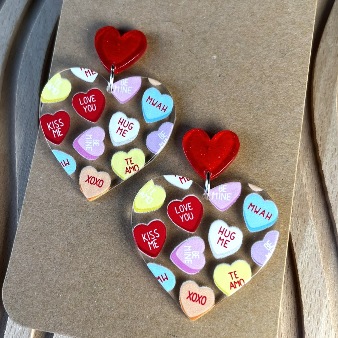 Colorful Conversation Heart Dangle Earrings for Valentine's Day, Handmade Jewelry | Acrylic and Metal | QTY: 1 Pair