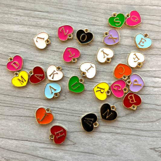 26pcs Enameled Metal Heart Letter Pendant | 12mm Double Sided Metal Alphabet Charms | QTY: 26 pieces