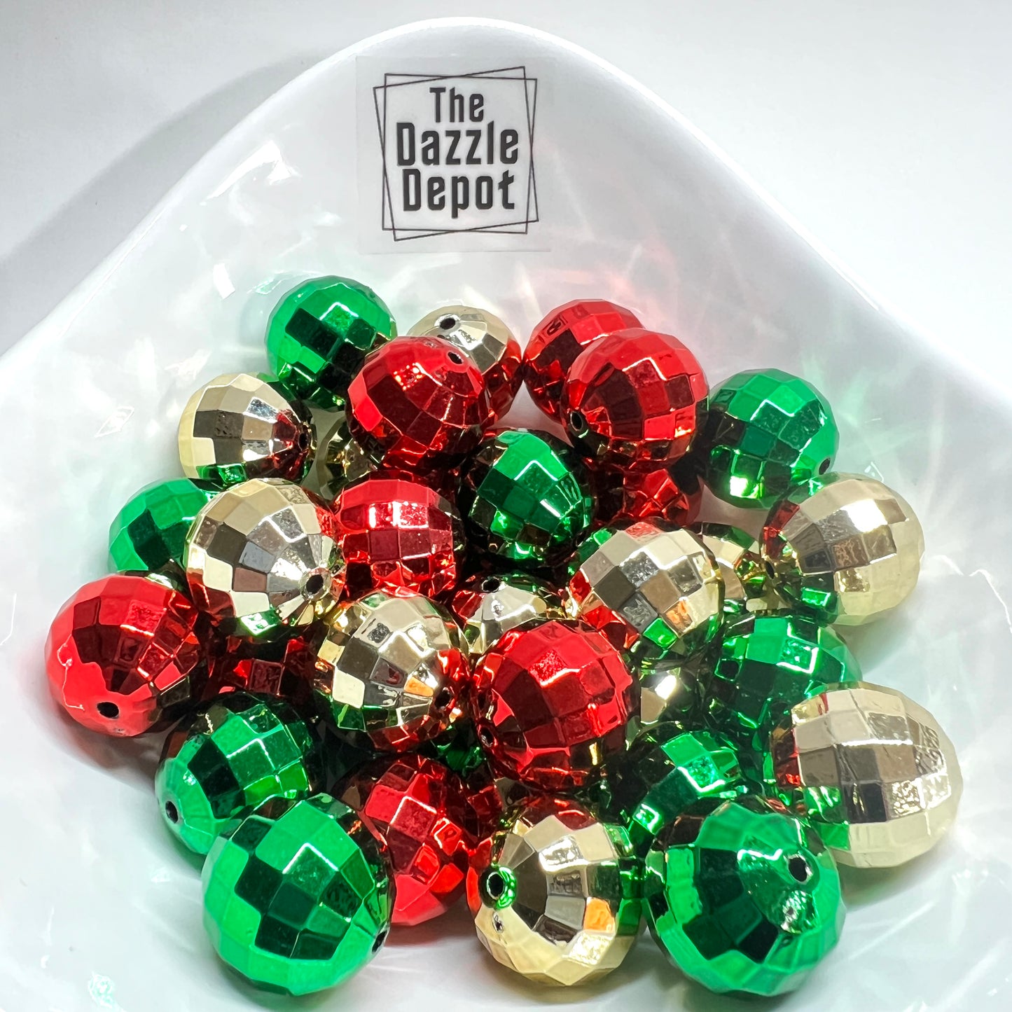 20mm Christmas Disco Bead Mix | Faceted Loose Beads Red Green Gold | Acrylic | QTY: 6 pcs