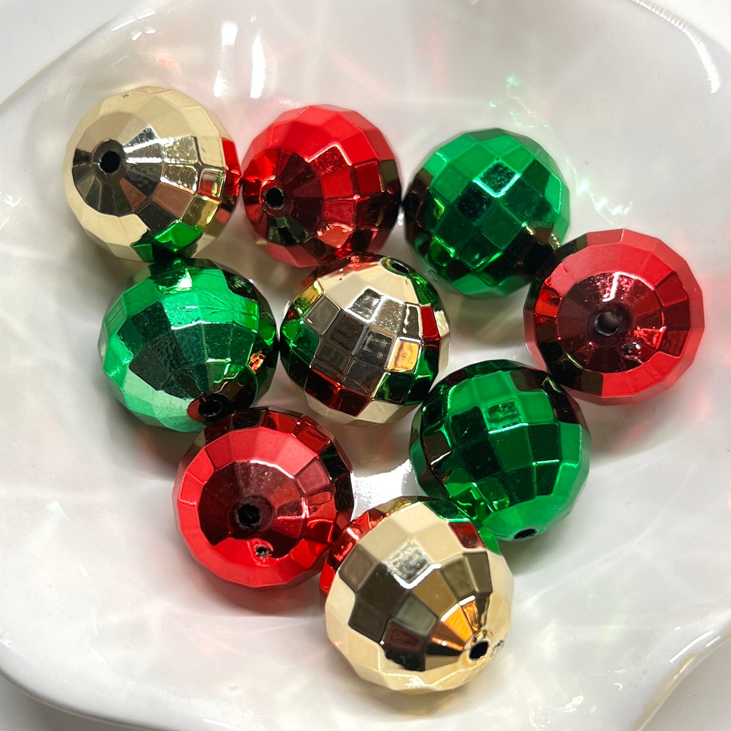 20mm Christmas Disco Bead Mix | Faceted Loose Beads Red Green Gold | Acrylic | QTY: 6 pcs