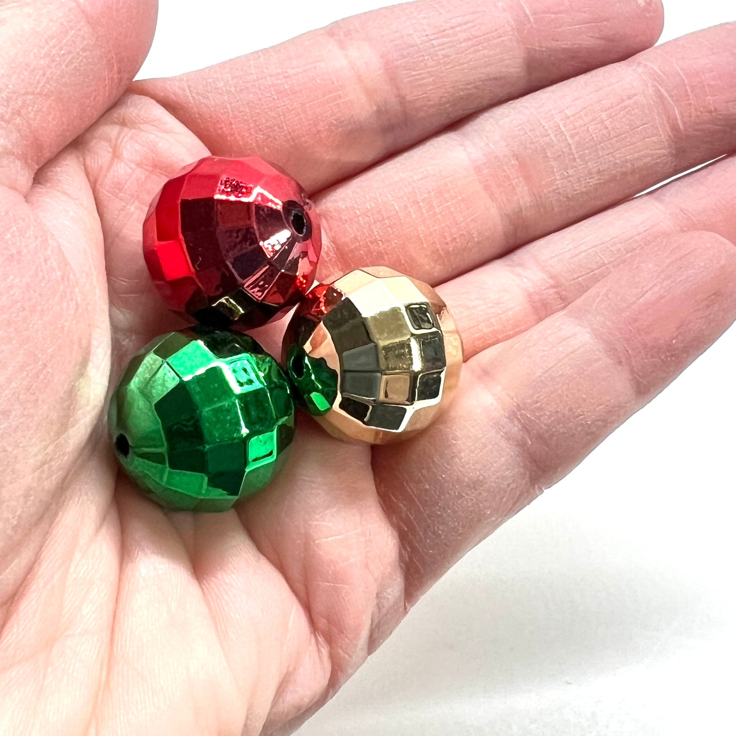 20mm Christmas Disco Bead Mix | Faceted Loose Beads Red Green Gold | Acrylic | QTY: 6 pcs