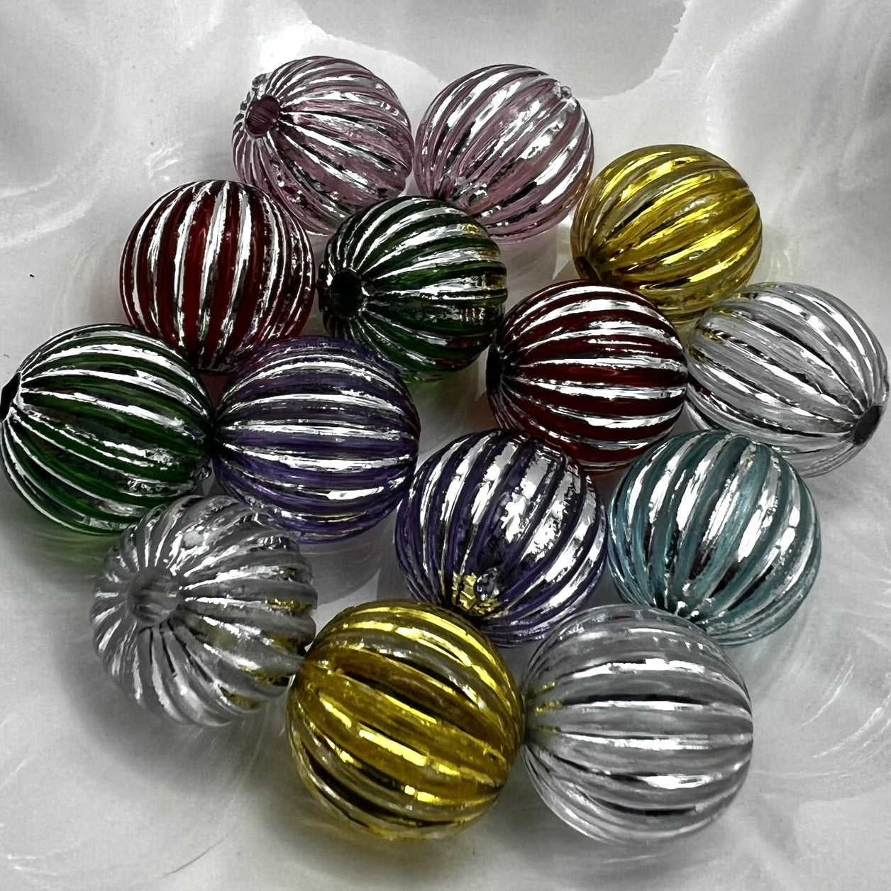 14mm Colorful Beads with Metallic Painted Grooves | Acrylic | QTY:  15 beads