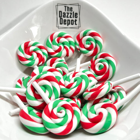 Peppermint Polymer Clay Lollipops | Red, Green, White Clay Christmas Candy | Fake Lollipops, Faux Candy for Holiday Crafts |  | QTY: 4 pcs