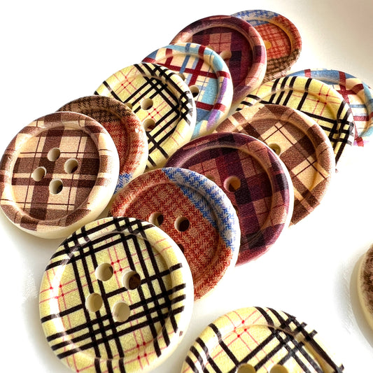 Printed Plaid Buttons for DIY Craft Embellishments | 4-Hole Plastic Flat Back Cabochon | QTY: 4pcs/6pcs
