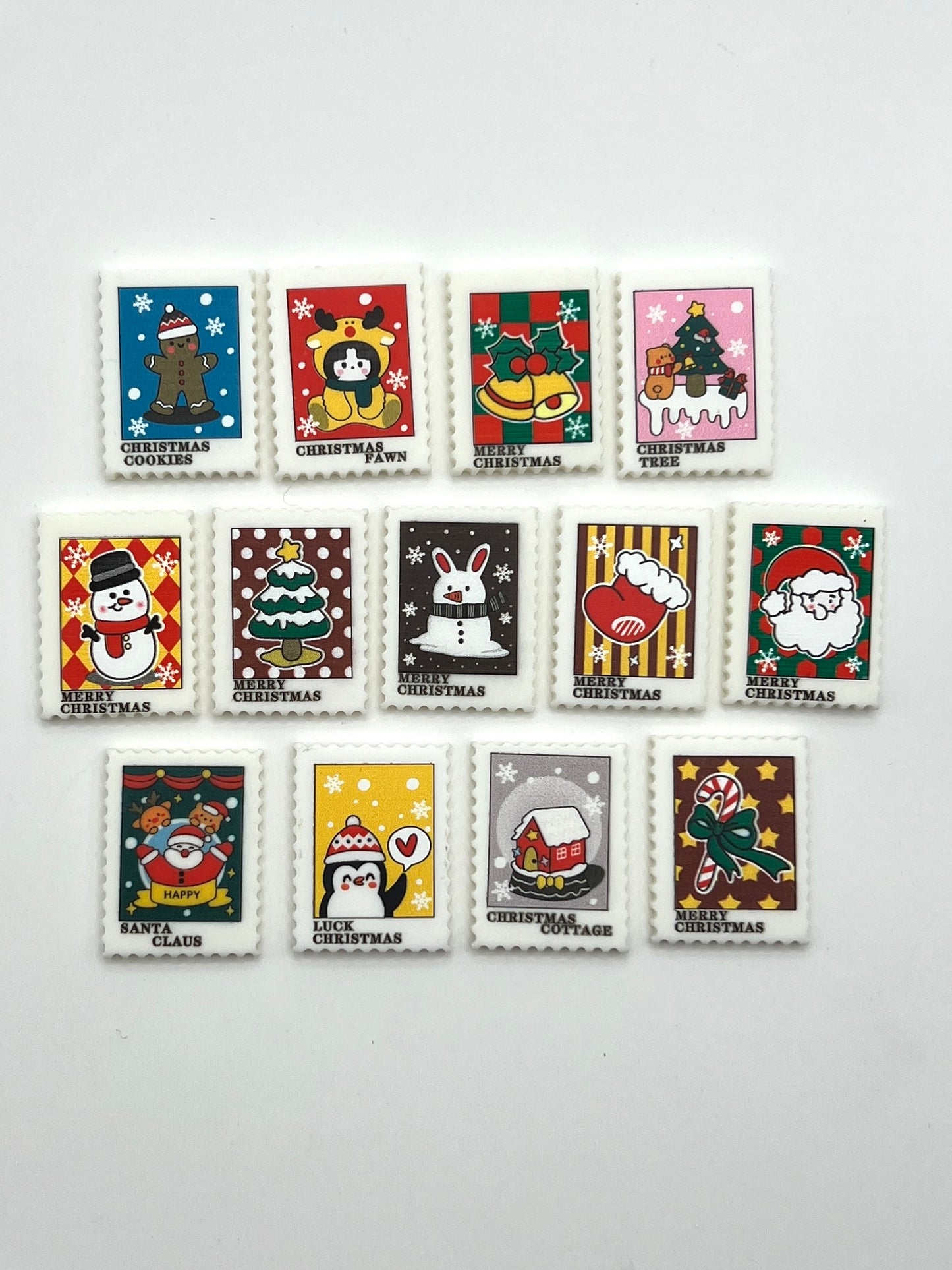 Postage Stamp Shaped Holiday Charms | Christmas Flatback Charms for DIY Craft Charm Projects and Decoden | Kawaii Resin Flat Back Cabochons | QTY: 10/20 pieces
