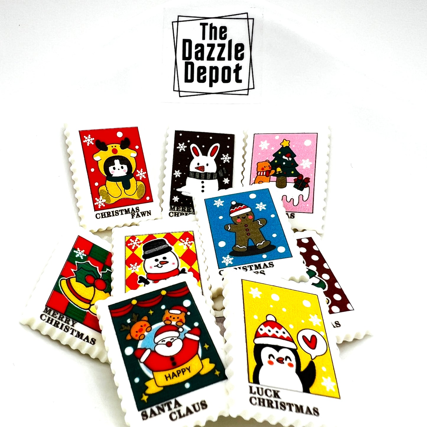 Postage Stamp Shaped Holiday Charms | Christmas Flatback Charms for DIY Craft Charm Projects and Decoden | Kawaii Resin Flat Back Cabochons | QTY: 10/20 pieces