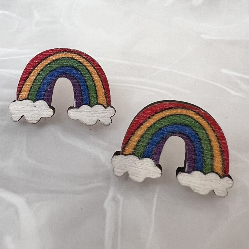 Colorful Rainbow Laser Cut Wood Earrings, Metal Post Stud Earrings, Gift for Friend | QTY: 1 pair of earrings - The Dazzle Depot