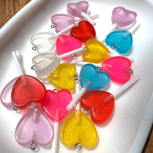 5/10pc Realistic Heart Shaped Lollipop Pendant Charms for DIY Jewelry, Keychains | Sparkling Fake Candy Resin | QTY: 5 or 10pcs