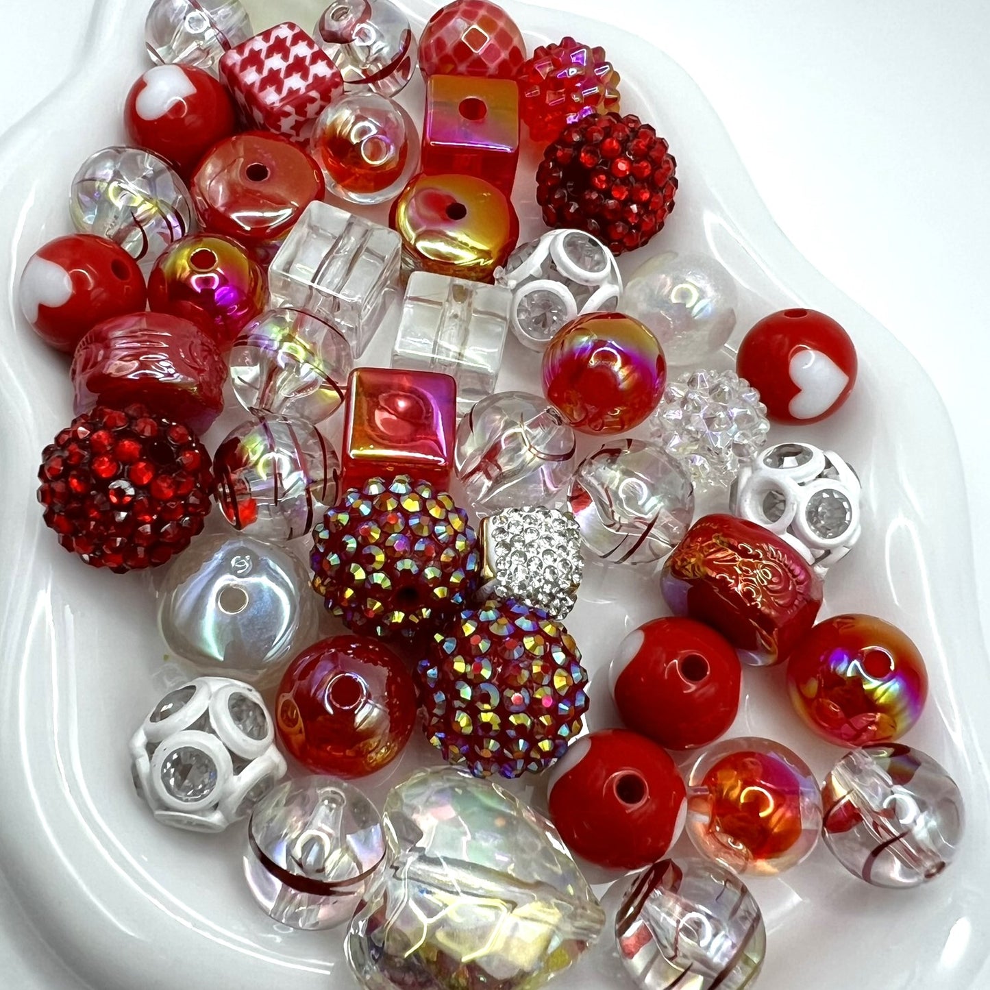 Red and White Bead Mix | DIY Jewelry Beads | Mixed Colors, Sizes & Shapes | Acrylic Bead Soup | QTY: 1.5 ounces (by weight)