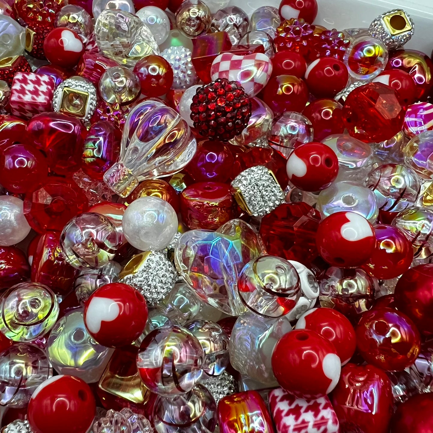 Red and White Bead Mix | DIY Jewelry Beads | Mixed Colors, Sizes & Shapes | Acrylic Bead Soup | QTY: 1.5 ounces (by weight)