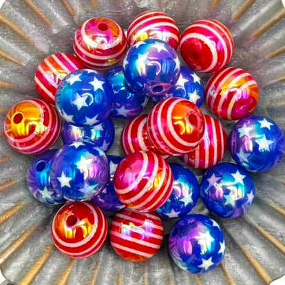 16mm Patriotic Stars and Stripes Iridescent Round Bead Mix | Red White Blue Acrylic | QTY: 10 beads