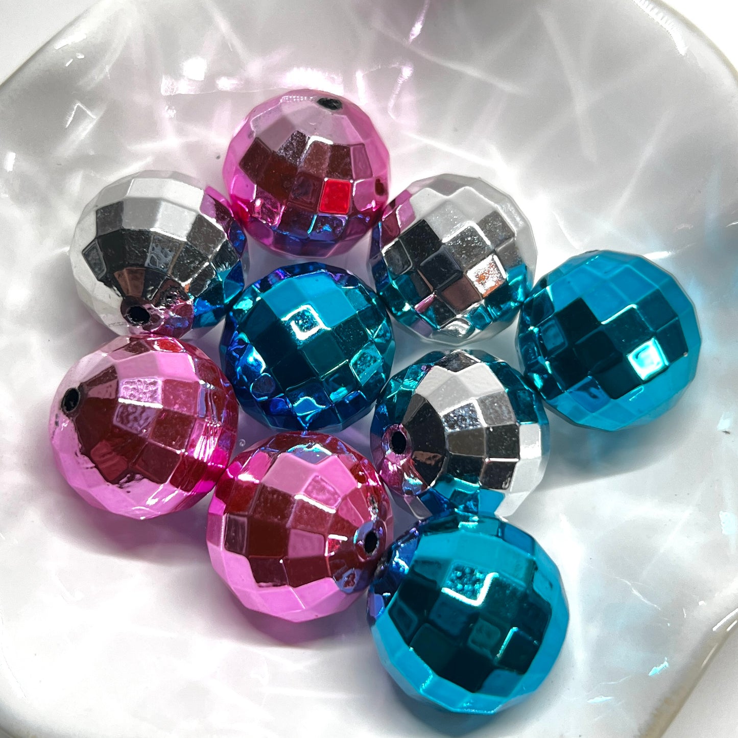 20mm Disco Bead Mix in Retro Colors | Faceted Loose Beads Pink Blue Silver | Acrylic | QTY: 6 pcs