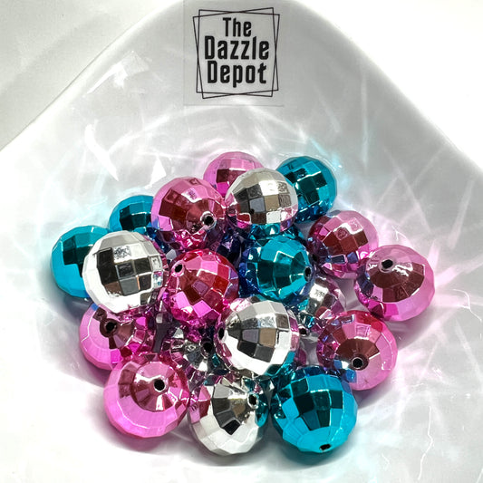 20mm Disco Bead Mix in Retro Colors | Faceted Loose Beads Pink Blue Silver | Acrylic | QTY: 6 pcs