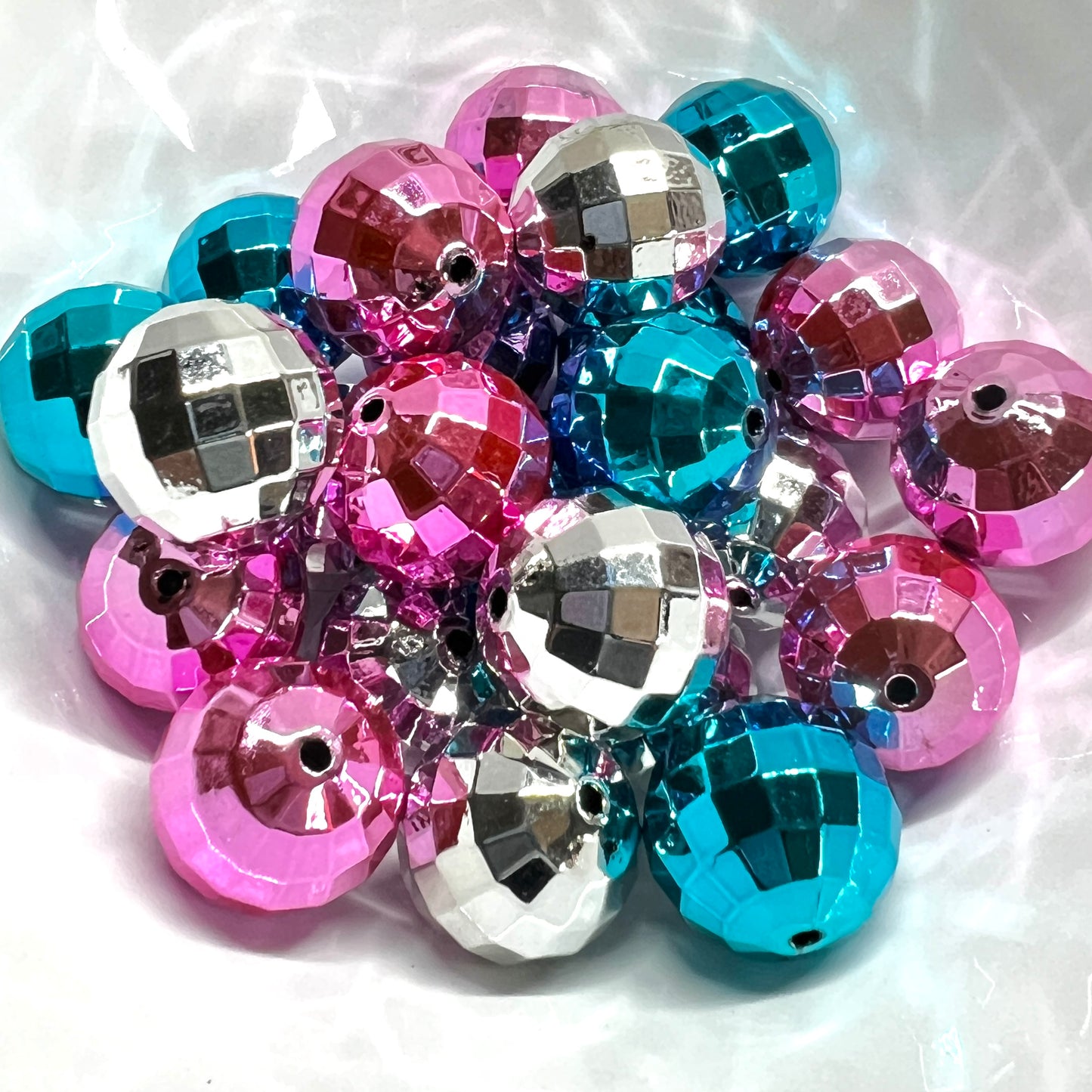 20mm Disco Bead Mix in Retro Colors | Faceted Loose Beads Pink Blue Silver | Acrylic | QTY: 6 pcs