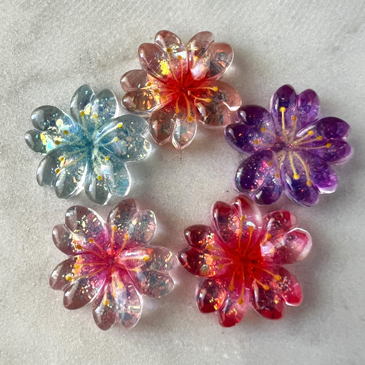 Sakura Flower Sparkling Glitter Flat Back Charms | Flatback Charms for DIY Craft Charm Projects and Decoden | Kawaii Resin Flat Back Cabochons | QTY: 15 pieces